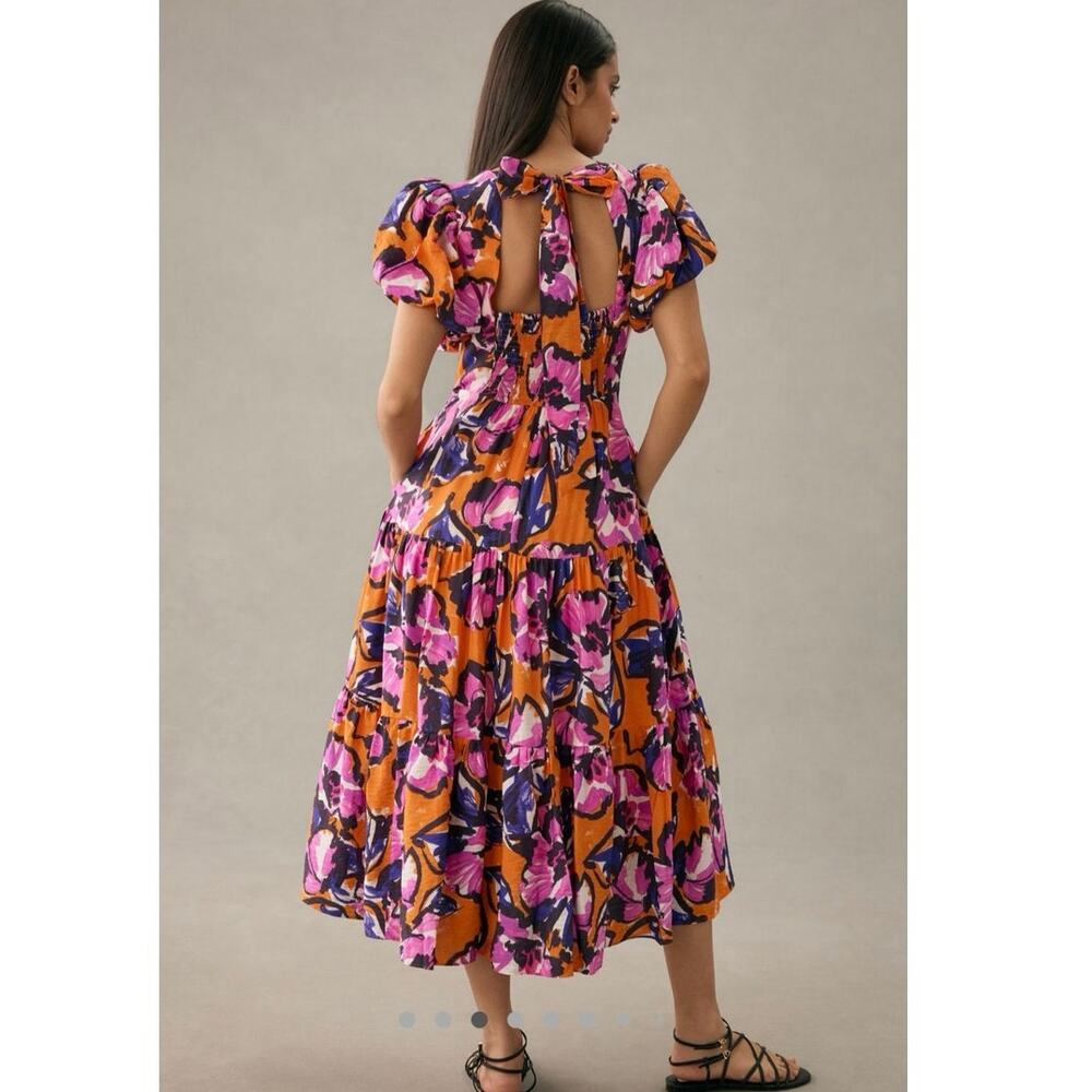 Anthropologie Orange Pink Floral Puff Sleeve Midi Dress Size XS - Picture 2 of 9